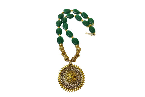 Oval Green shade beads chain with Ganesh Dollar