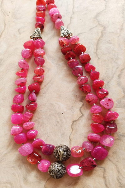 Double layer pink agate nuggets chain