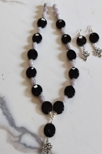 Coin black stone and grey beads chain