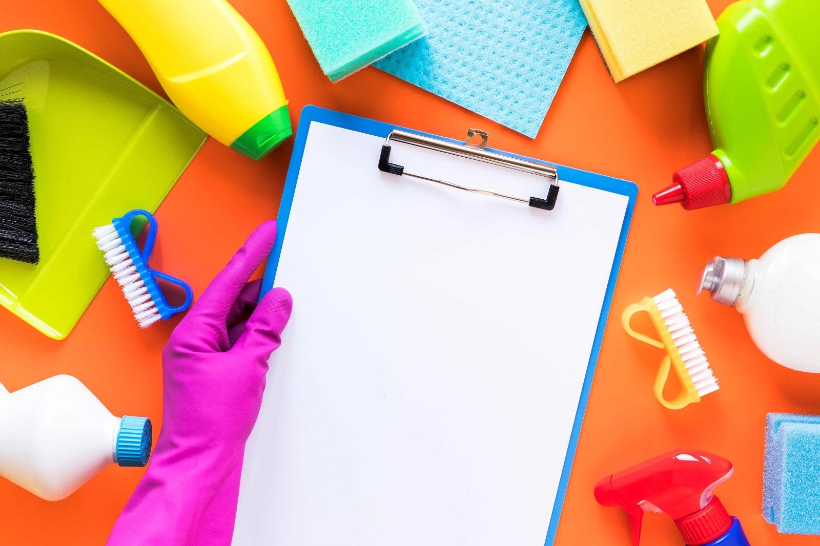 Image of a checklist and cleaning supplies