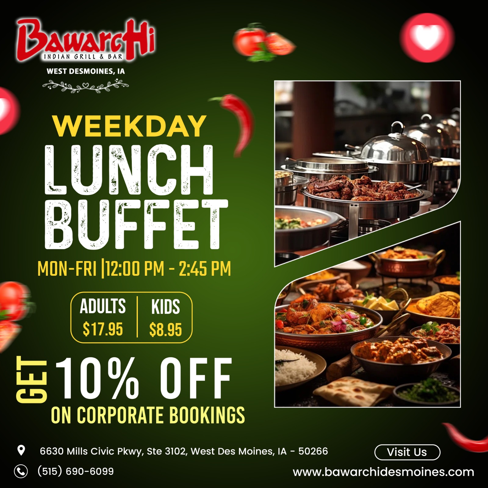  Elevate your weekdays with our delicious WEEKDAY LUNCH BUFFET! ???? Join us for a culinary journey from 12:00 PM - 2:45 PM, MON-FRI