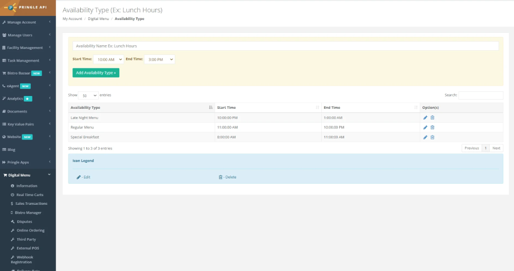 Pringle API availablity type screen