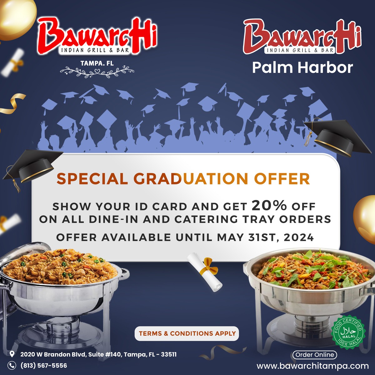 SPECIAL GRADUATION OFFER! Show your ID card and enjoy a fantastic 20% OFF on all dine-in and catering tray orders! Hurry, offer valid until May 31st, 2024.