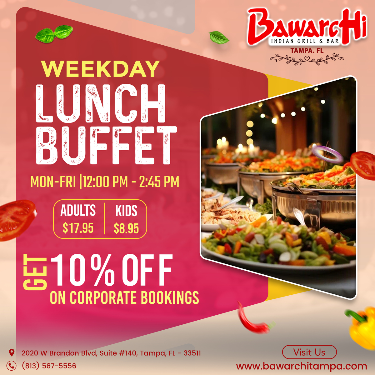 Elevate your weekday lunch experience with our delectable buffet at Bawarchi Tampa! Join us for a feast that fits your schedule!