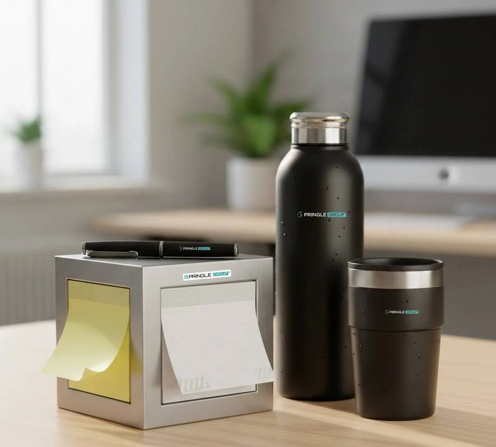 Lifestyle Essentials – Branded Accessories Corporate lifestyle accessories including mugs, bottles and desk items with branding