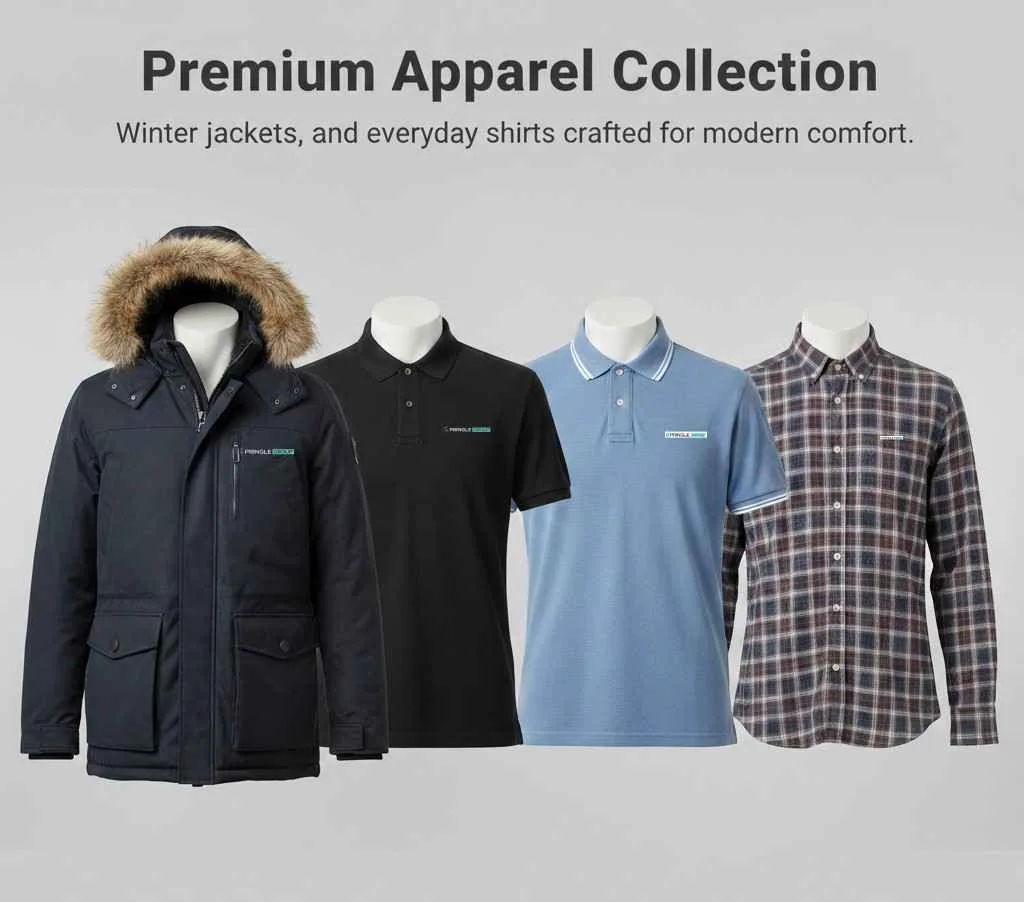 Corporate winter apparel collection including branded jackets and hoodies