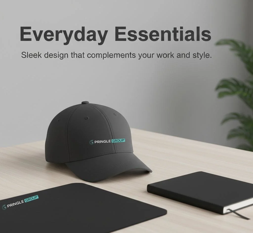 Branded caps and mouse pads for corporate promotions and office use