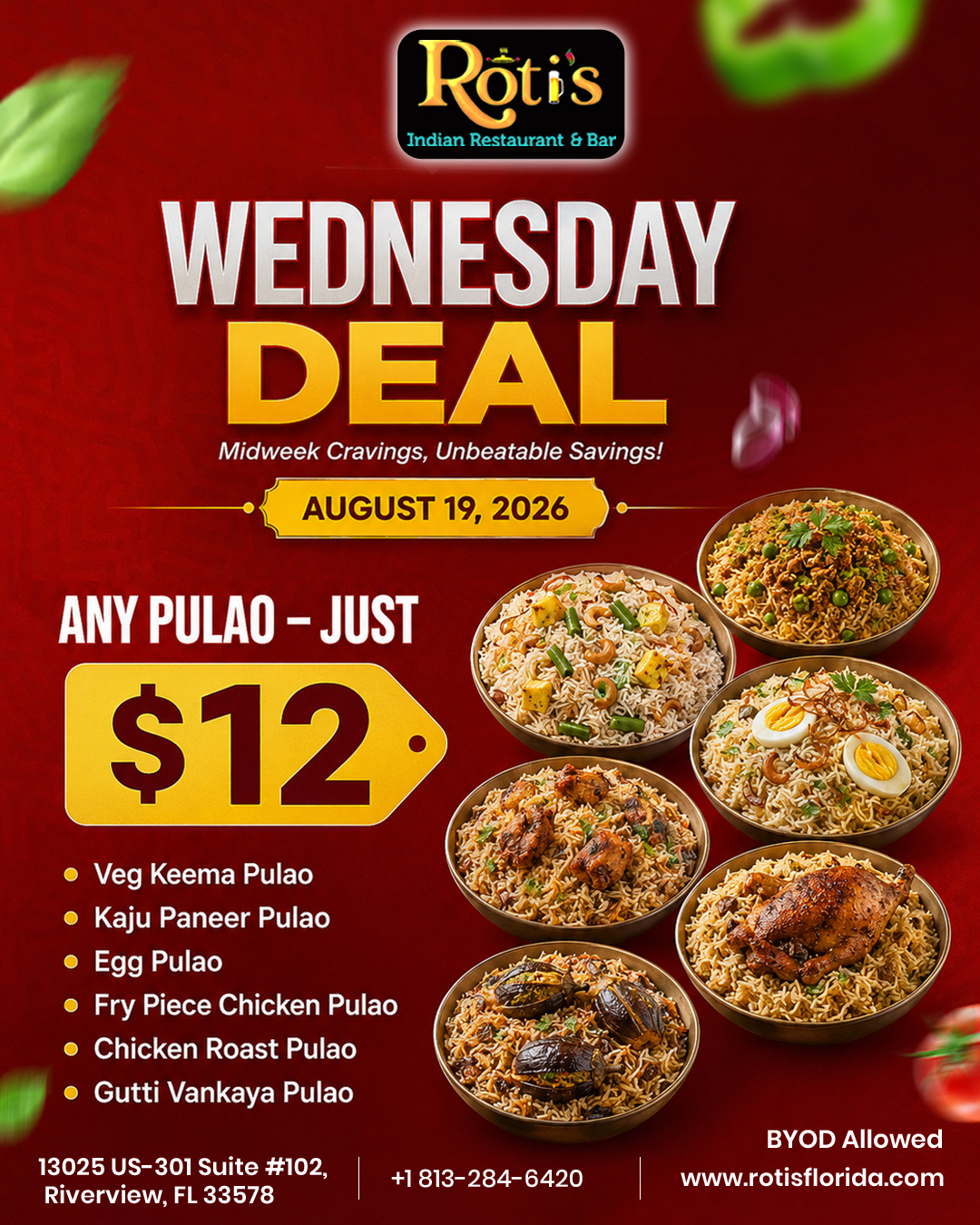 ?? Wednesday Special Alert!  CrEnjoy ANY PULAO for ONLY $12 for one day only!
