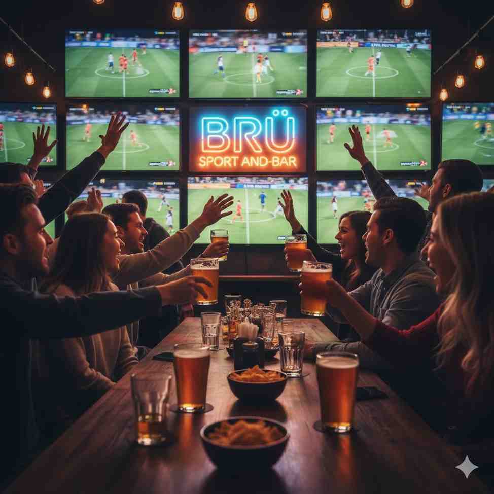 Dine-in area at Bru Sports Bar & Grill with cozy seating and sports screens