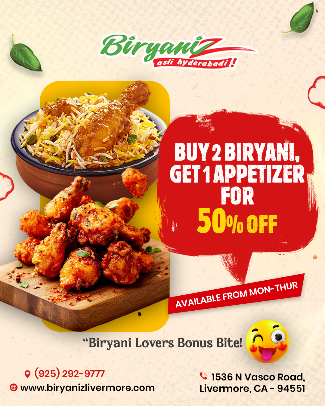 Buy 2 Biryani, Get 1 Appetizer for 50% Off