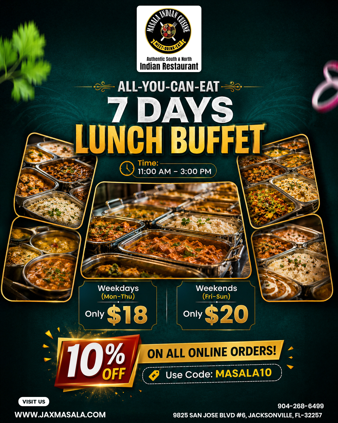 Unlimited Indian flavors, every single day ????? Lunch buffet from 11 AM – 3 PM at Masala Indian Cuisine hits different! 