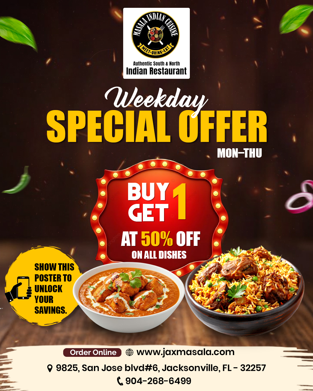 Buy 1, Get 1 at 50% OFF on all dishes from Monday to Thursday!