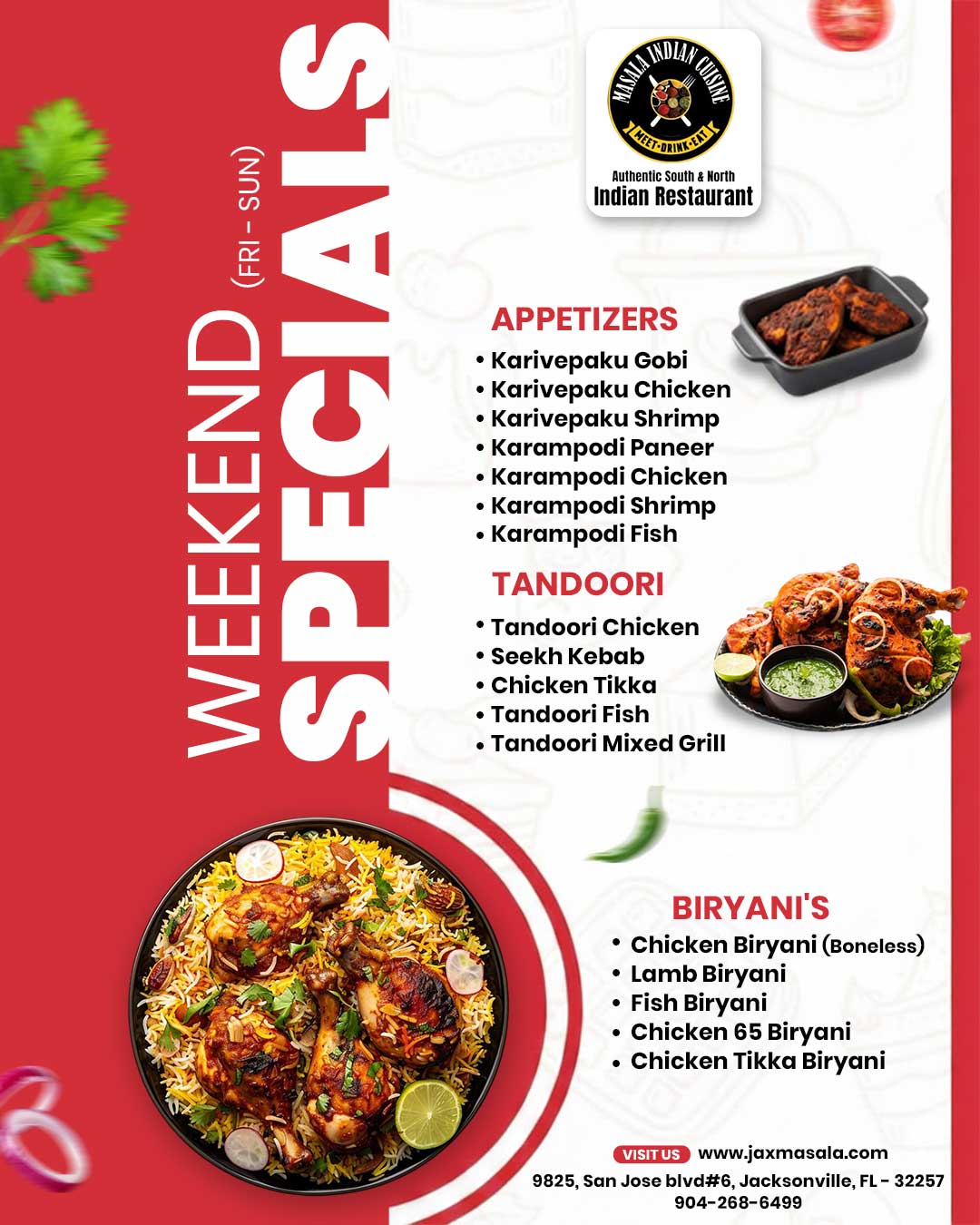 Spice up your weekend with bold Indian flavors at Masala Indian Cuisine! From crispy Karivepaku appetizers to sizzling Tandoori delights and flavorful Biryanis 