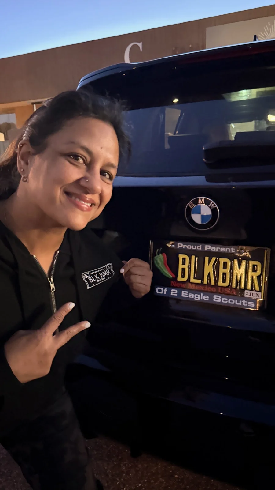 Seema Gupta with the BLKBMR license plate