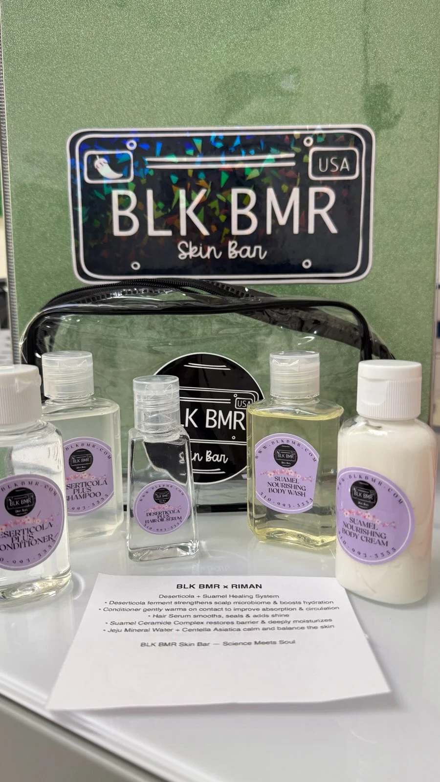 BLK BMR Skin Bar license plate sign with skincare products