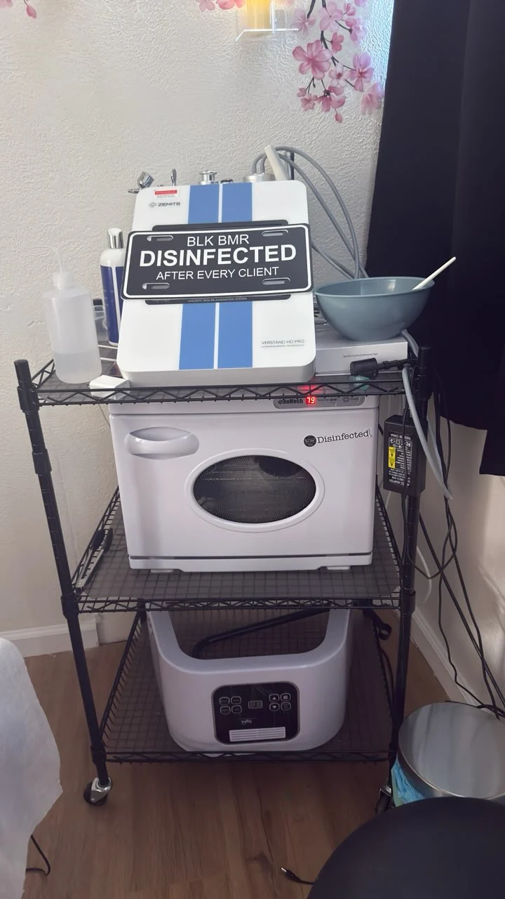Disinfected equipment cart at BLK BMR Skin Bar