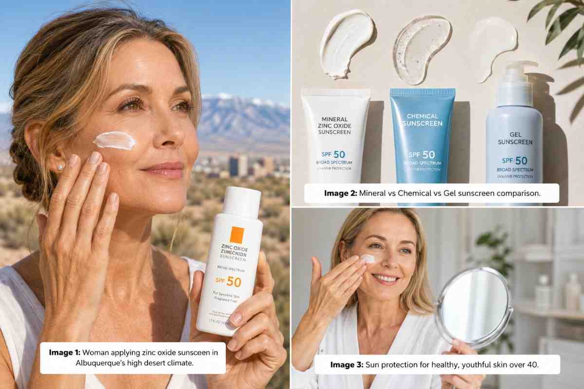 Woman applying zinc oxide sunscreen for mature skin in Albuquerque