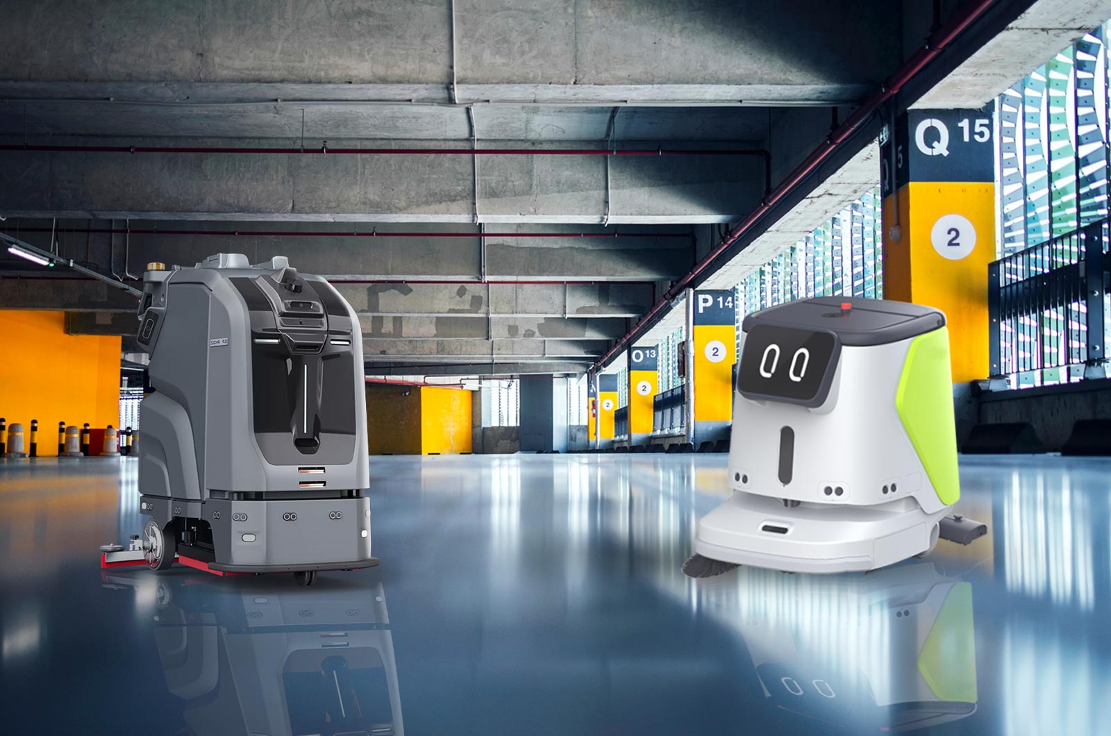 A scene of a warehouse with two floor cleaning robots
