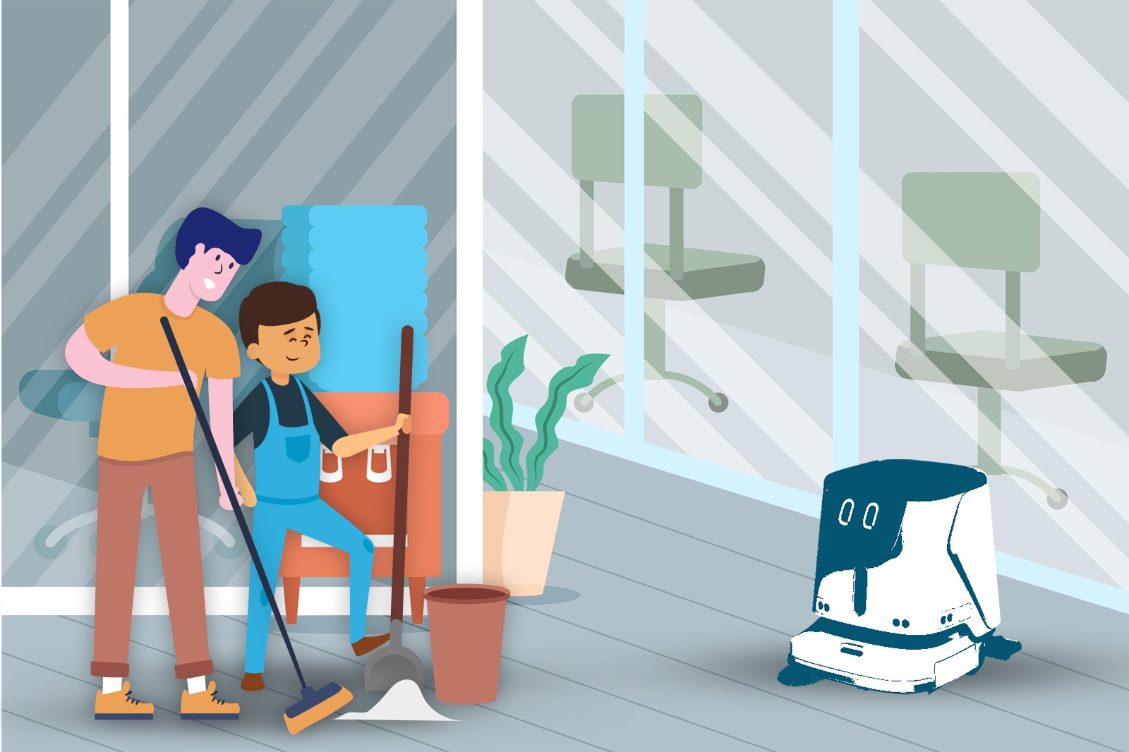 Illustration of cleaning crew with a floor cleaning robot