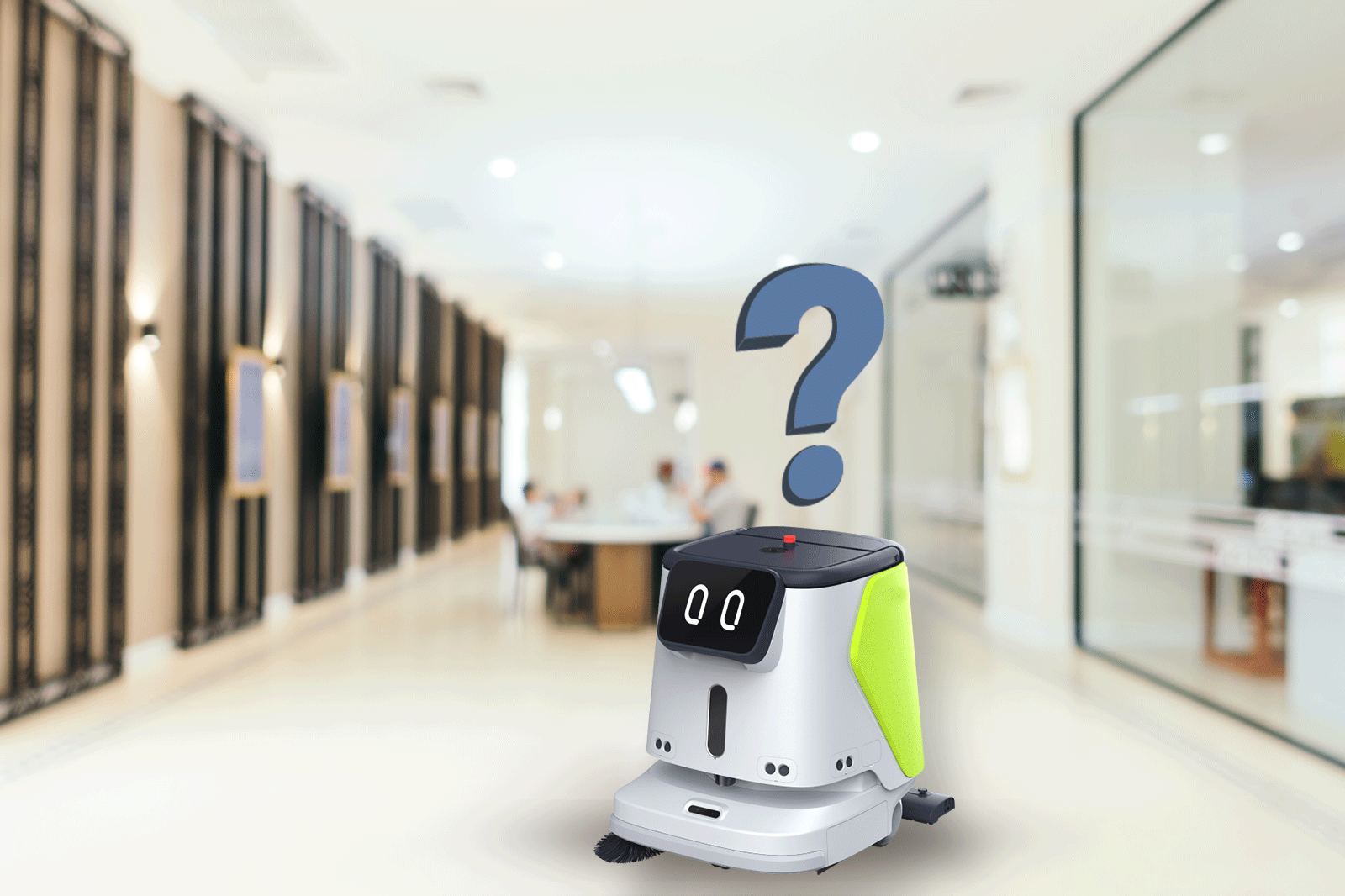 A floor cleaning robot in a hallway