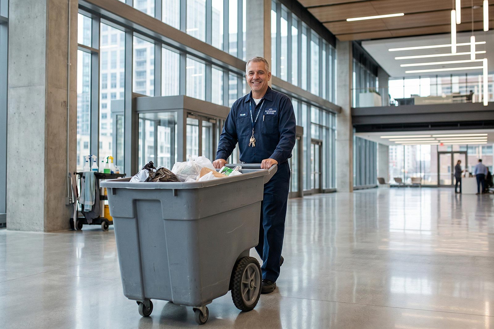 A custodian pushes a trash bin inside a clean, modern facility