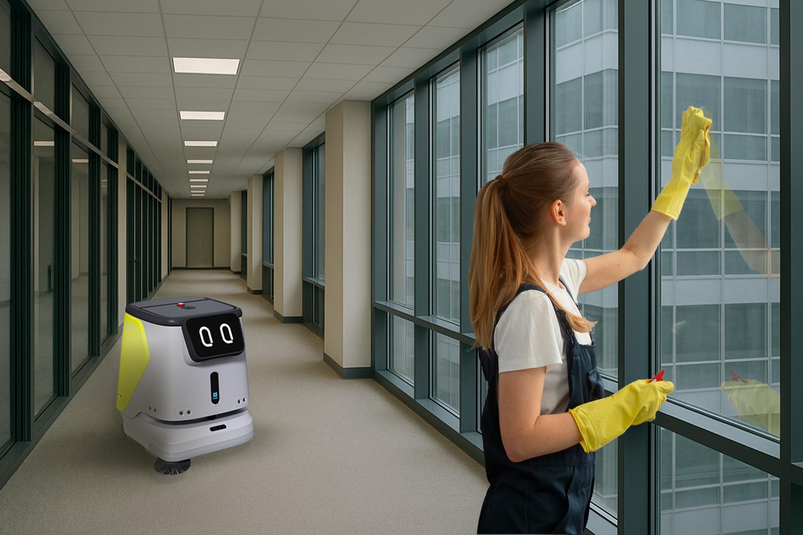 A janitor cleans windows while a CC1 cleans the floors
