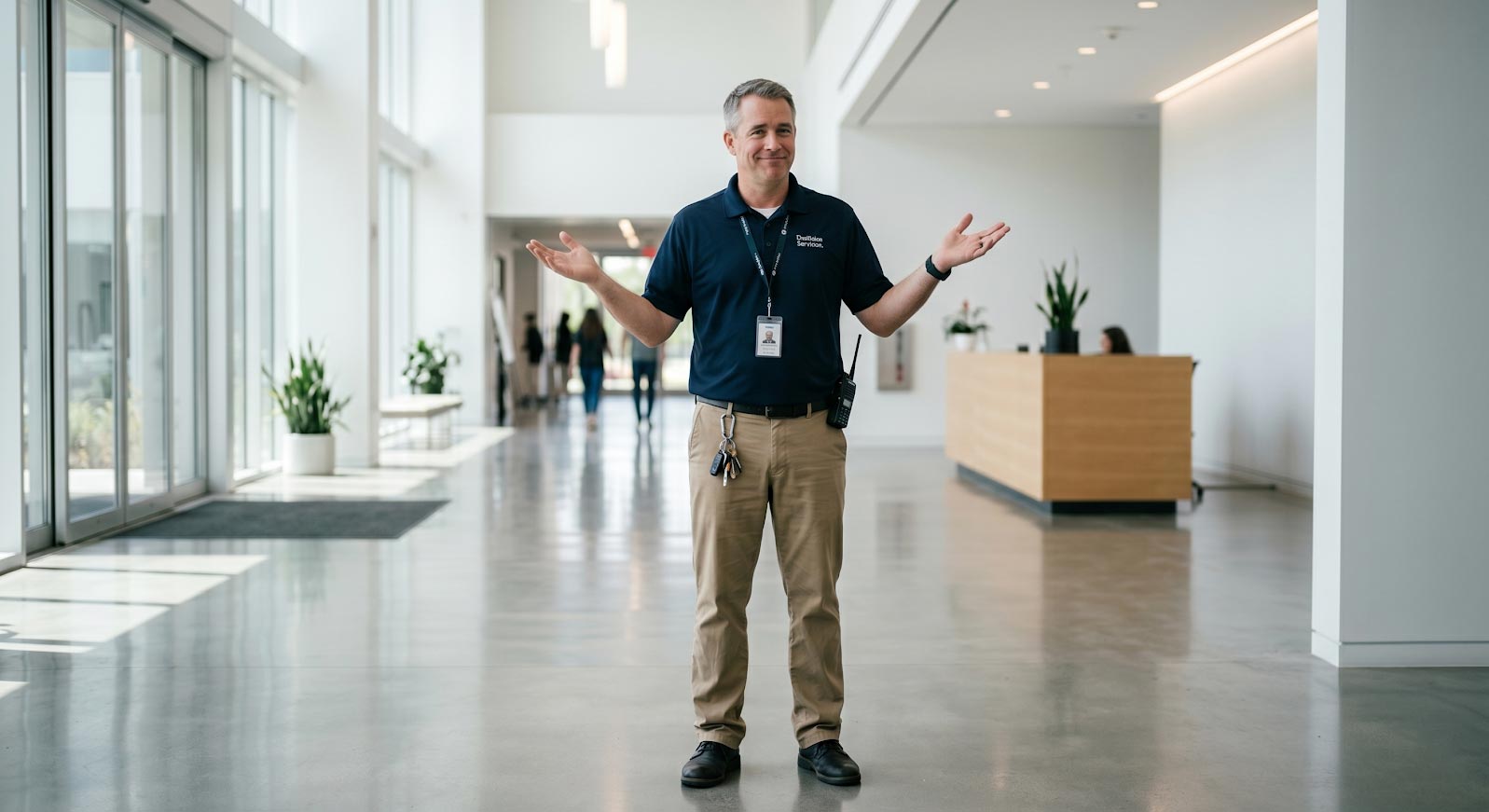 A facility manager stands in a clean lobby
