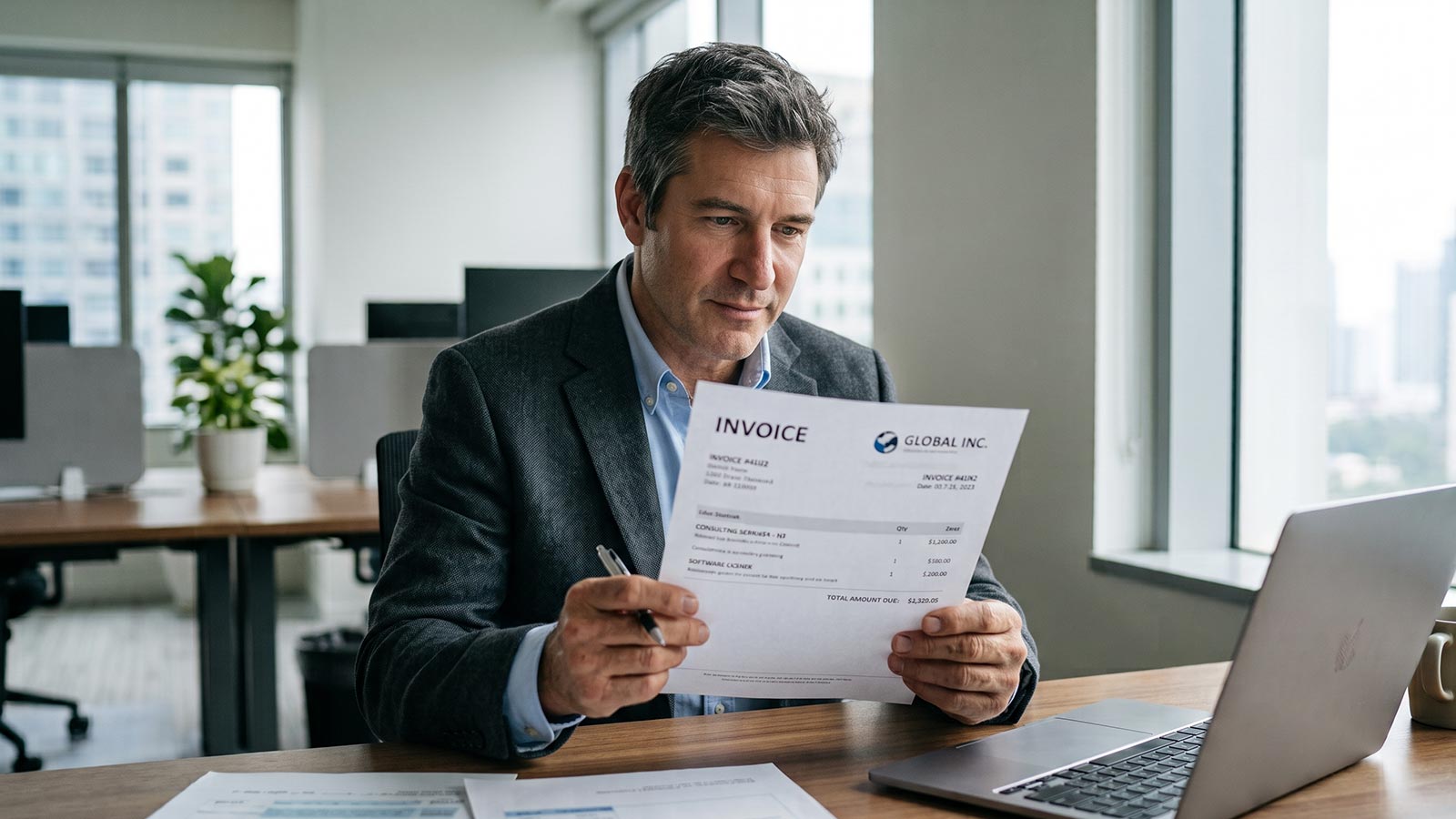 A man looks at an invoice