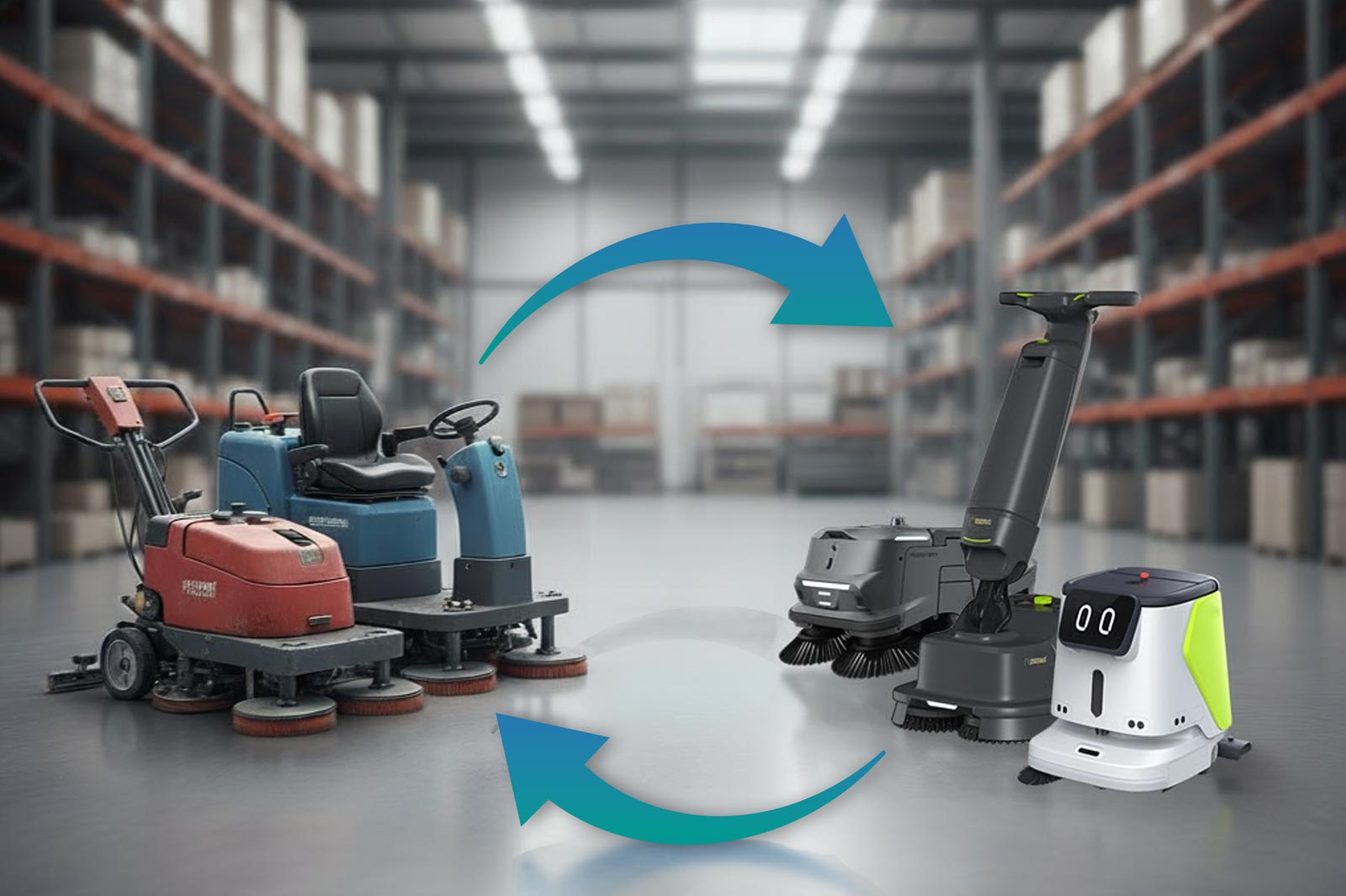 Image of old cleaning equipment next to cleaning robots