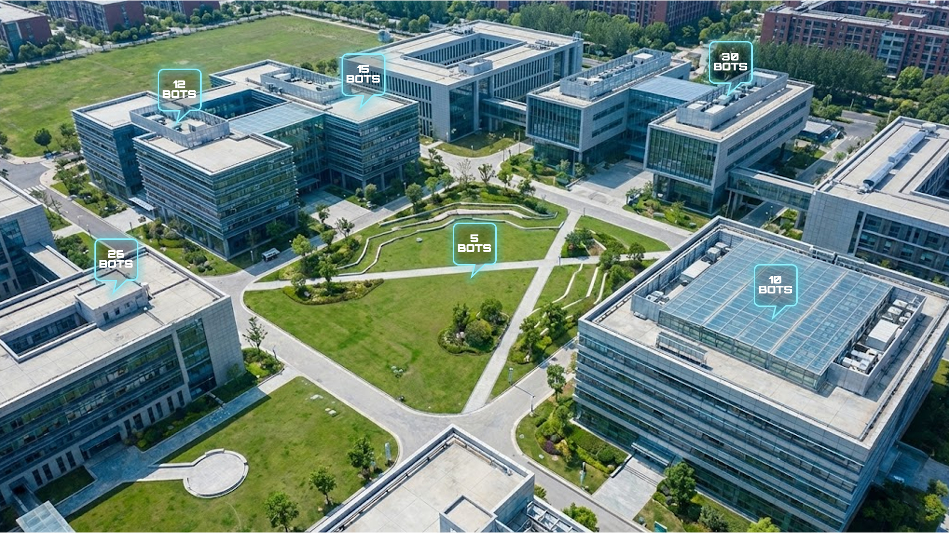 An aerial view of a large hospital