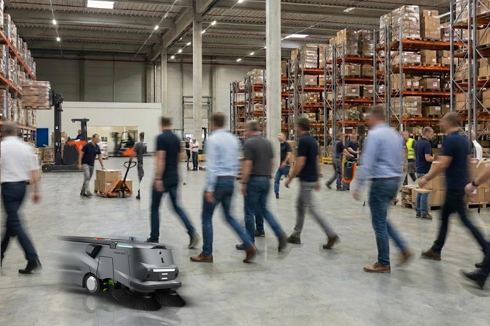 A busy warehouse with people and robots