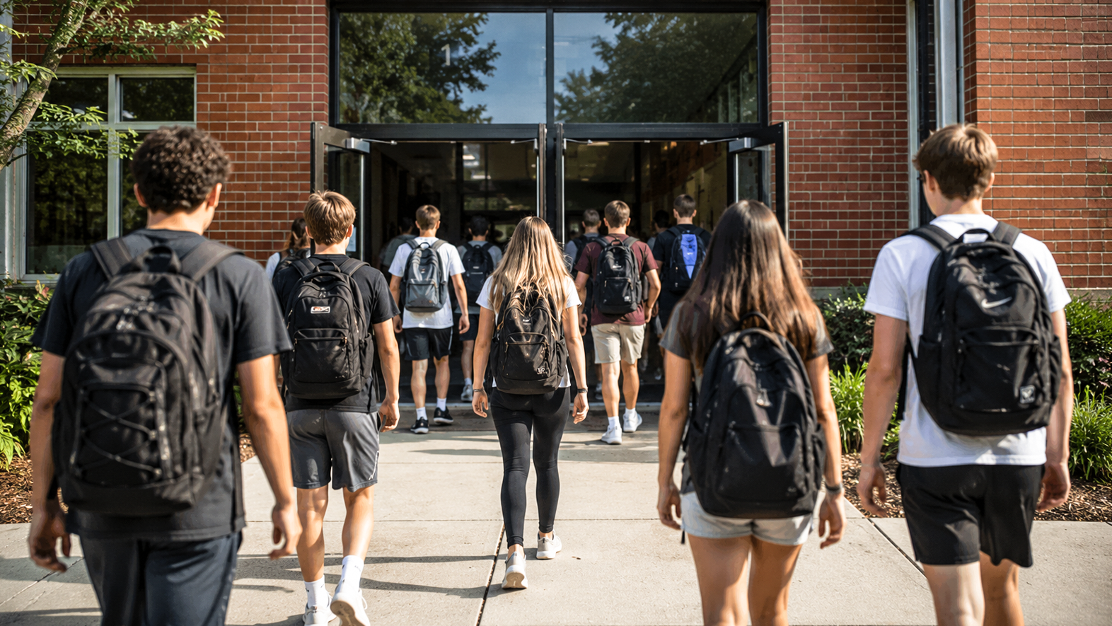An exterior of a school with students going inside