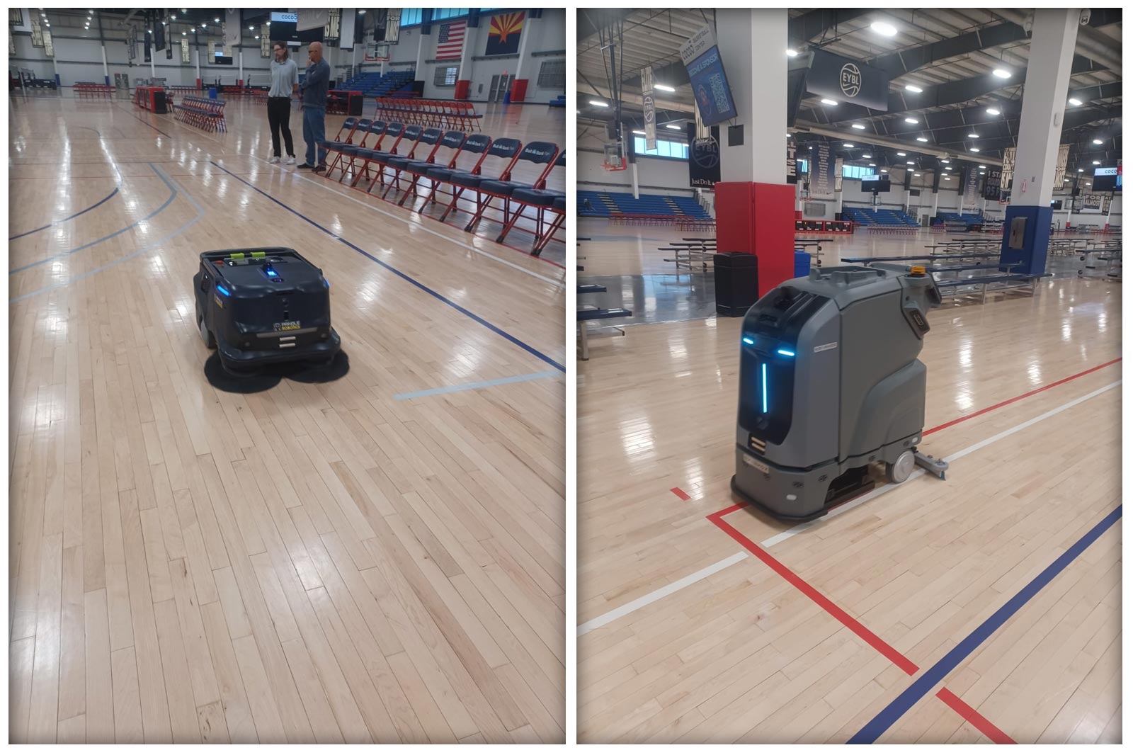 Floor cleaning robots on a basketball court