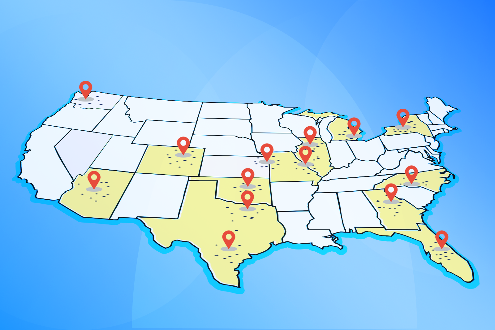 A map of the USA showing multiple business locations