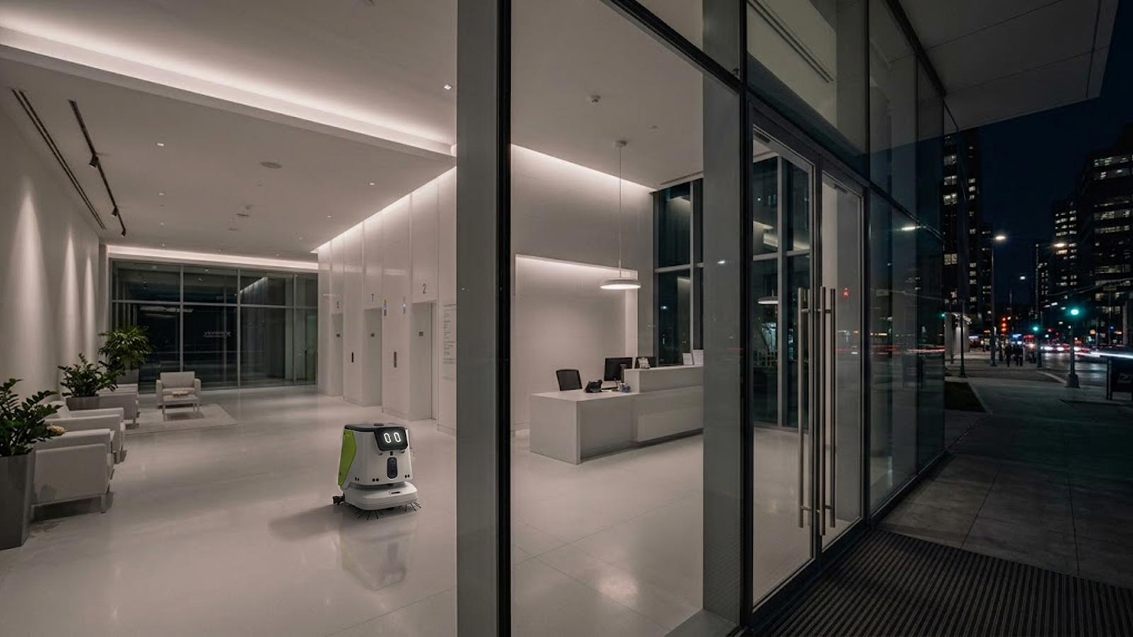An image of a CC1 floor cleaning robot cleaning a lobby overnight