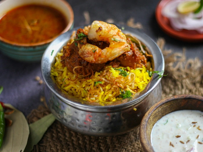 Shrimp biryani platter with authentic spices