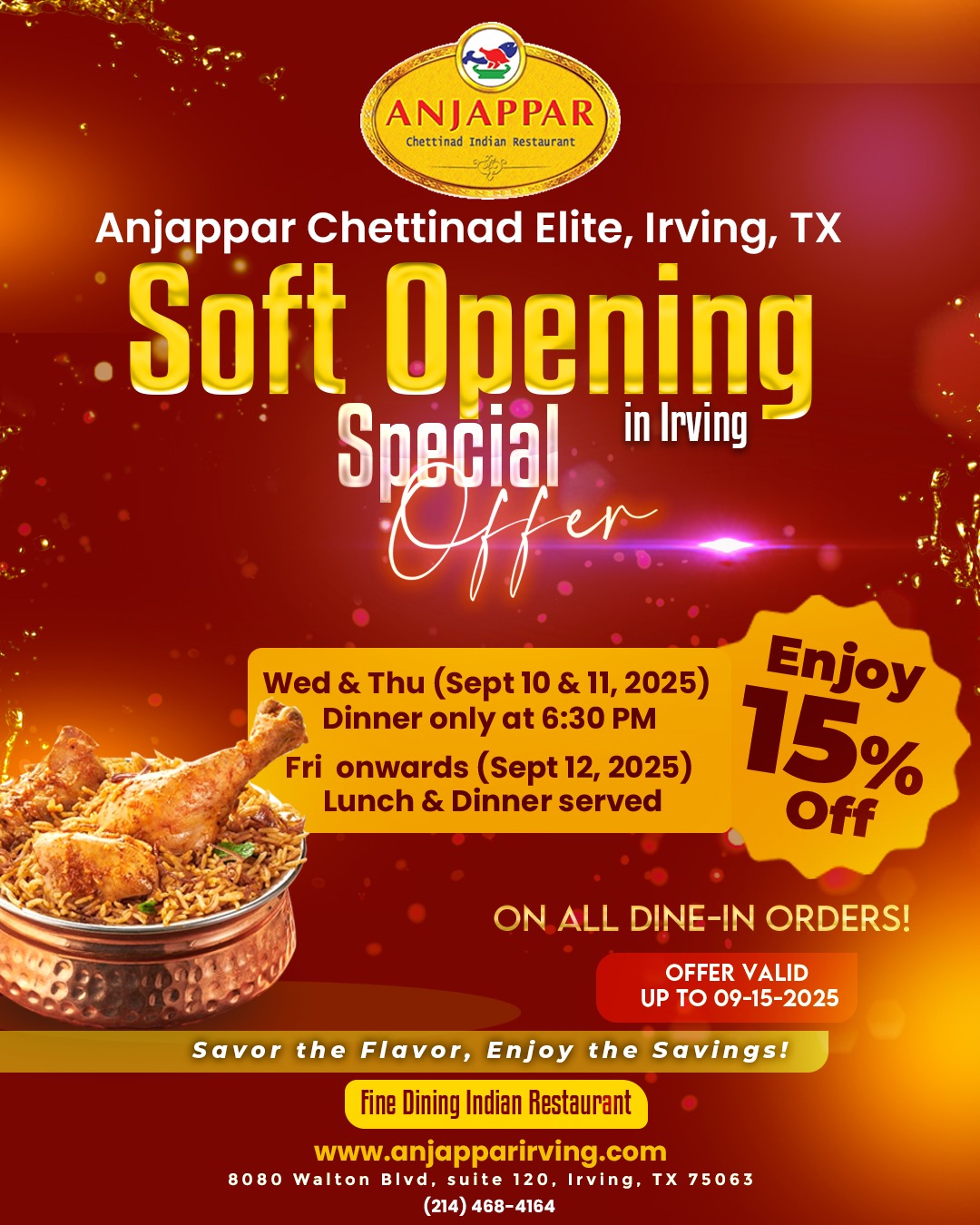  Soft Opening Special in Anjappar Chettinad Elite, Irving, TX
